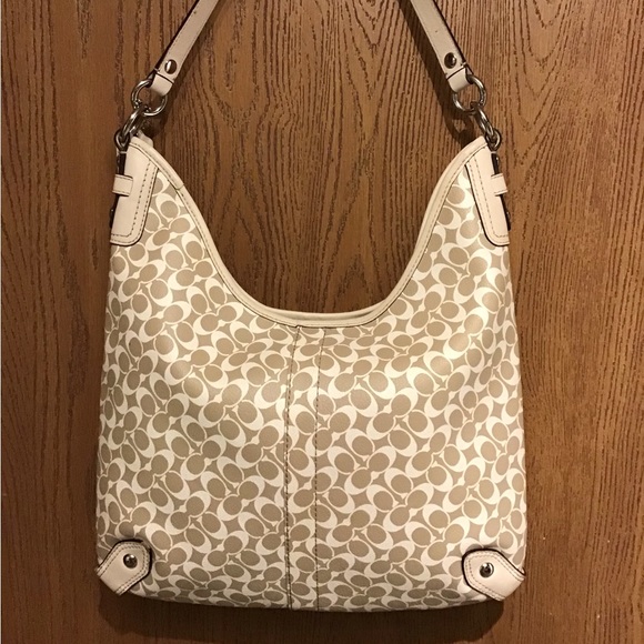 COACH CHELSEA SIGNATURE BEIGE PINK STRIPE LEATHER TRIM CROSSBODY SHOULDER BAG - Picture 2 of 12